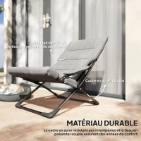 Outsunny Chaise pliante extérieur, chaise pliante camping avec coussin épais rembourré et accoudoir, gris(m-5)