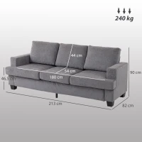 HOMCOM 3-zits Sofa, Woonkamerbank voor 3 personen, Stoffen bekleding, Stalen frame, Geplofte sofa, Grijs(m-3)