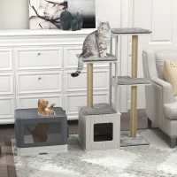 PawHut Conjunto para Gatos com Arranhador para Gatos 114 cm com Múltiplas Plataformas e Caixa de Areia Coberta Cinza(m-2)