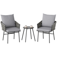 Outsunny Set di Mobili da Esterno 3 Pezzi con 2 Sedie e 1 Tavolo, Set Bistrò, Rattan Sintetico, Struttura in Acciaio, Tavolo in Metallo, 4 Cuscini, Grigio