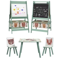 ZONEKIZ Conjunto para Crianças Inclui 1 Mesa com 2 Cadeiras Infantis e 1 Cavalete 3 em 1 com Cestos de Armazenamento Desenho de Animais Verde(m-7)