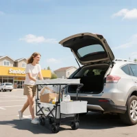 Outsunny Folding Trolley Cart Storage Wagon Beach Trailer 4 Wheels with Handle Overhead Canopy Cart Push Pull for Camping, Grey(m-8)