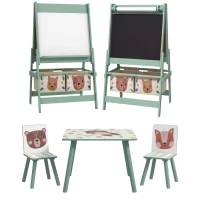 ZONEKIZ Conjunto para Crianças Inclui 1 Mesa com 2 Cadeiras Infantis e 1 Cavalete 3 em 1 com Cestos de Armazenamento Desenho de Animais Verde(m-1)
