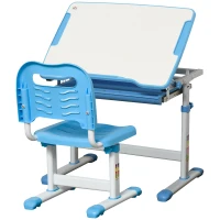 HOMCOM Kids Desk and Chair Set, Height Adjustable Student Writing Desk, Children School Study Table with Tiltable Desktop, Drawer, Pen Slot, Hook - Blue(m-13)