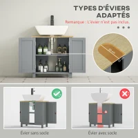 kleankin Meuble sous lavabo 2 portes étagère réglable 2 étages à l'intérieure poignées en PU 60 x 30 x 60 cm gris(m-4)