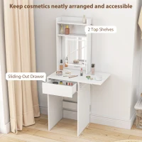 HOMCOM Small Vanity Desk with Mirror and LED Lights, Compact Dressing Table with Drop Leaf, Open Shelves and Drawer, White(m-6)