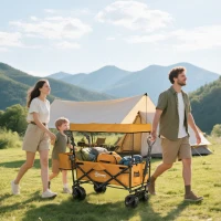 Outsunny 120L Festival Trolley on Wheels, Folding Camping Trolley Cart with Removable Canopy, All-Terrain Wheels, Adjustable Handle, Push or Pull for Garden Beach Fishing Shopping, Orange(m-2)