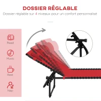 Outsunny Bain de Soleil transat Pliable Dossier inclinable Multi-Positions Acier thermoplastique Lacets élastiques Noir textilène Rouge(m-4)