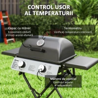 Outsunny Barbecue pe Gaz 2 Arzătoare, 2 Rafturi, Capac și Termometru Negru(m-6)