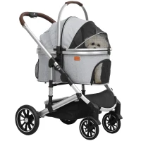 PawHut Carrello per Cani 3 in 1 Passeggino per Cani Pieghevole per Gatti Fino a 10 kg Carrello per Gatti con Cuscino Porta Bicchieri, Grigio Chiaro(m-1)
