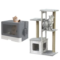 PawHut Conjunto para Gatos com Arranhador para Gatos 114 cm com Múltiplas Plataformas e Caixa de Areia Coberta Cinza(m-6)