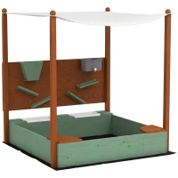 AIYAPLAY Sabbiera con Tettoia Solare per Bambini, 2 Contenitori per Conservazione, 116L x 112,5P x 128H cm, Legno di Pino, Plastica, Verde(m-4)
