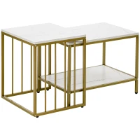 HOMCOM Lot de 2 tables basses gigognes carrés - plateau blanc aspect marbre et pied en métal doré(m-11)