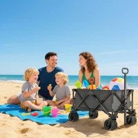 Outsunny Outdoor Pull Along Cart Folding Cargo Wagon Trailer Trolley for Beach Garden with Handle, Anti-Slip Wheel - Dark Grey(m-8)