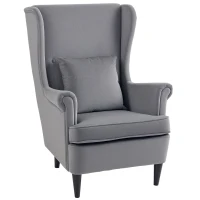 HOMCOM Modern Accent Chair, Upholstered Wingback Armchair with High Backrest and Pillow, Velvet-Feel Fabric Reading Chair with Solid Wood Legs for Living Room, Bedroom, Home Office, Dark Grey(m-10)
