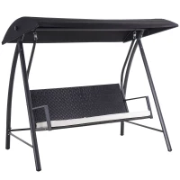 Outsunny Dondolo da Giardino in Polyrattan a 3 Posti con Tettuccio Apribile Regolabile, Cuscino di Seduta con Protezione Solare, Panca Sospesa con Portata Fino a 360 kg, 198 x 124 x 179 cm, Nero(m-1)