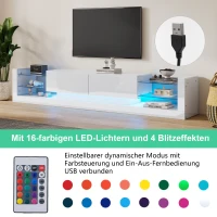 Open Glass Storage TV Stand with LED Lights, Modern Entertainment Centre with High Gloss Finish, Sliding Doors, 181L x 38W x 38H cm, White(m-5)