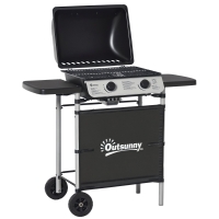 Outsunny 2 Burner Gas BBQ Trolley with Lid, 5.6 kW Gas Barbecue Grill with Wheels, Side Shelves for Home Patio Garden Party Outdoor Cooking, Black