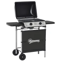 Outsunny 2 Burner Gas BBQ Trolley with Lid, 5.6 kW Gas Barbecue Grill with Wheels, Side Shelves, Black(m-10)