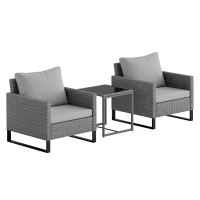 Outsunny 3 Pieces Rattan Bistro Set with 4 Cushions, Wicker Garden Furniture Set, Glass Top Coffee Table and Chairs for Outdoor Patio, Balcony, Terrace and Conservatory, Grey(m-1)