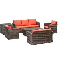 Outsunny 6 Pieces Rattan Garden Furniture Set, 7 Seater Wicker Outdoor Furniture Set with Storage Tea Table & Side Table, Sectional Garden Sofa Set with Cushions, Orange