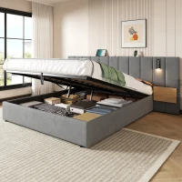 King Upholstered Bed with Charging Station, Adjustable Bedside Shelf, Velvet Hydraulic Storage Bed with Reading Light, 237L x 207W x 109H cm, Grey(m-9)