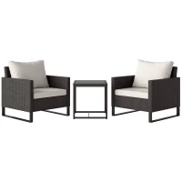 Outsunny 3 Pieces Rattan Bistro Set with 4 Cushions, Wicker Garden Furniture Set, Glass Top Coffee Table and Chairs for Outdoor Patio, Balcony, Terrace and Conservatory, Brown(m-10)