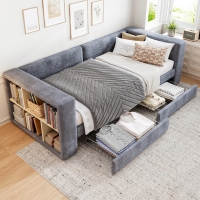 3FT Upholstered Single Bed with 2 Drawers, Side Compartments, Easy Assembly, Daybed Sofa Bed with Storage, 223.5L x 101W x 74.5H cm, Grey