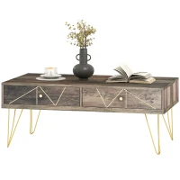 HOMCOM Table Basse en Bois Table de Salon Grand Plateau et 2 Tiroirs Design de Luxe Élégant Décoration avec Lignes Dorées Peintes à La Main 110L x 59l x 42H cm Brun(m-10)