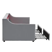 3FT Sofa Bed with 2 Drawers on Wheels, Light Strip, Charging Port, Upholstered Single Bed with Velvet Finish, 206L x 104W x 74H cm, Grey(m-16)