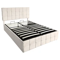 Velvet Double Bed with Hydraulic Storage, Adjustable Button Tufted Headboard, Upholstered Storage Bed Frame, 195L x 145W x 116H cm, Beige(m-11)