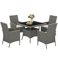 Outsunny Rattan Garden Furniture Set, Outdoor Dining Table and Chairs 4 Seater with Cushions, Square Tempered Glass Top, 4 Armchairs, for Balcony, Terrace, Conservatory, Grey(m-10)