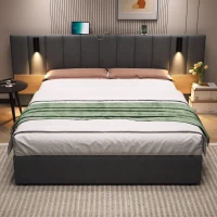 King Upholstered Bed with Charging Station, Adjustable Bedside Shelf, Velvet Hydraulic Storage Bed with Reading Light, 237L x 207W x 109H cm, Grey(m-7)