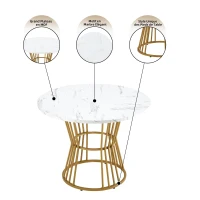Modern Round Dining Table with MDF Marble Pattern Top, Sturdy Metal Frame, Perfect for Dining, Working, 100L x 100W x 75H cm, Gold+White(m-9)