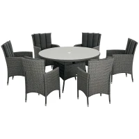 Outsunny Seven-Piece Rattan Dining Table, with Round Glass-Top Table - Mixed Grey(m-10)