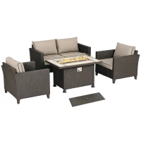 Outsunny 5-Piece Rattan Patio Furniture Set with Gas Fire Pit Table, Loveseat Sofa, Armchairs, Cushions, Pillows, Dark Brown(m-10)
