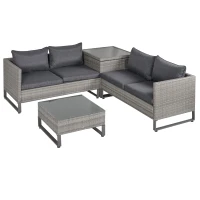Outsunny 4 Pieces Rattan Garden Furniture Set, 4 Seater Garden Sofa Set with Storage Box, Loveseats and Glass Top Table, Wicker Outdoor Conservatory Furniture with Cushions for Outdoor, Patio, Grey(m-1)