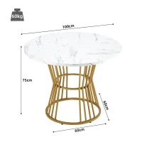 Modern Round Dining Table with MDF Marble Pattern Top, Sturdy Metal Frame, Perfect for Dining, Working, 100L x 100W x 75H cm, Gold+White(m-3)
