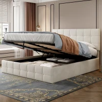Velvet Double Bed with Hydraulic Storage, Adjustable Button Tufted Headboard, Upholstered Storage Bed Frame, 195L x 145W x 116H cm, Beige(m-8)