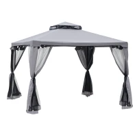 Outsunny Pérgola de Jardim 294x294x265cm com Duplo Teto de Ventilação 8 Orifícios de Drenagem e 4 Telas Mosquiteiras Cinza(m-10)