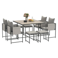 Outsunny Set Mobili da Giardino con Tavolo da Pranzo, 4 Sedie da Esterno e 4 Sgabelli Poggiapiedi, Grigio