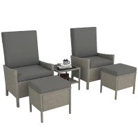 Outsunny 5 Piece Rattan Garden Furniture Set, Wicker Patio Sofa Set with 2 Armchairs, 2 Footstools, Glass Top Coffee Table with Shelf, Outdoor Furniture with Adjustable Backrests, Cushions, Dark Grey(m-10)