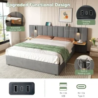 King Upholstered Bed with Charging Station, Adjustable Bedside Shelf, Velvet Hydraulic Storage Bed with Reading Light, 237L x 207W x 109H cm, Grey(m-5)