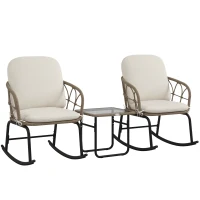 Outsunny Conjunto de Móveis de Vime de 3 Peças Conjunto de 2 Cadeiras de Baloiço 1 Mesa de Centro e Almofadas Creme e Bege(m-10)