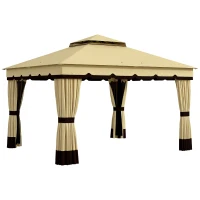 Outsunny Pérgola de Jardim 370x300x275 cm com 4 Paredes Laterais 4 Mosquiteiros Teto Duplo Impermeável e Anti-UV para Terraço Bege(m-10)