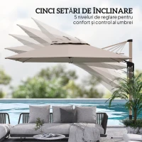 Outsunny Umbrelă de Grădină Suspendată Înclinabilă cu Bază în Cruce UPF50+, Kaki(m-7)