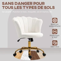 HOMCOM Chaise bureau en velours, chaise coiffeuse avec dossier en pétale, hauteur réglable, 69 x 64 x 80-90 cm, blanc(m-7)