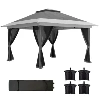 Outsunny Pérgola Dobrável 356x356x280 cm com 4 Paredes Laterais de Malha Anti-UV Altura Ajustável e Bolsa de Transporte Cinza Escuro(m-1)