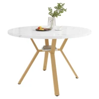Round Dining Table with X-Shaped Metal Bracket, Marble Texture, Coffee Table for Various Interior Styles, 100L x 100W x 75H cm, Gold+White(m-13)
