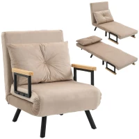 HOMCOM Fauteuil convertible 3 en 1 lit 1 place dossier 5 positions, accoudoirs en bois et coussin, tissu effet velours, beige(m-10)